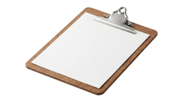 Wooden clipboard with blank paper mockup lying diagonally for checklist document list and organizer.