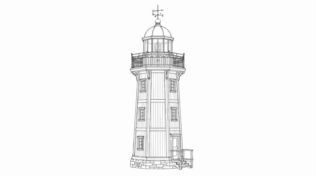 Detailed line art illustration of a coastal lighthouse beacon tower