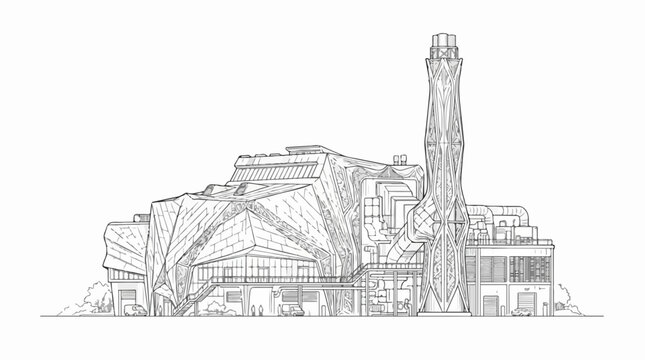 Deconstructivist industrial factory with tall chimney line art drawing