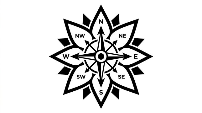 A black and white floral compass rose icon featuring cardinal and intercardinal direction labels isolated with flower directional letters decorative compass