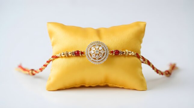 Elegant diamondstudded rakhi bracelet displayed on a yellow satin cushion, isolated on white background