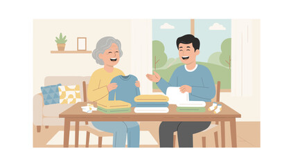 Fototapeta premium Senior woman and a man sit at a table folding freshly laundered clothes together in a cozy home interior with light and airy decorations.