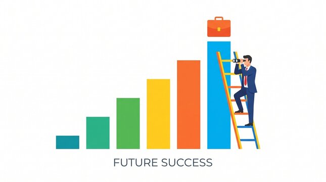 Man climbing ladder toward future success bar chart