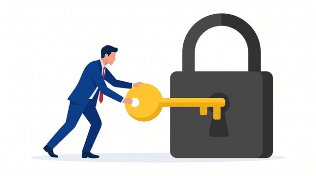 Businessman unlocking a large padlock with a key