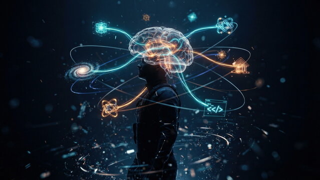Selectively focused brain concept with floating stimuli, distinct neural tracks, and specialization mapped inside a translucent brain shell