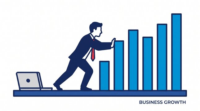 Businessman pushing growth bar chart upward