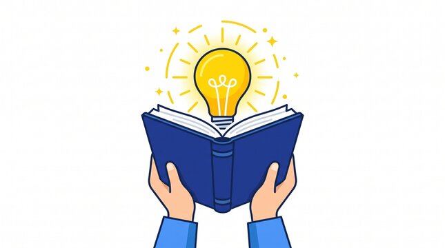 Hands holding open book with bright lightbulb idea