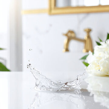 Dynamic water splash on a pristine white counter in a luxury bathroom evokes feelings of purity, freshness, and serene spa wellness. Great for cosmetics, with no people present.