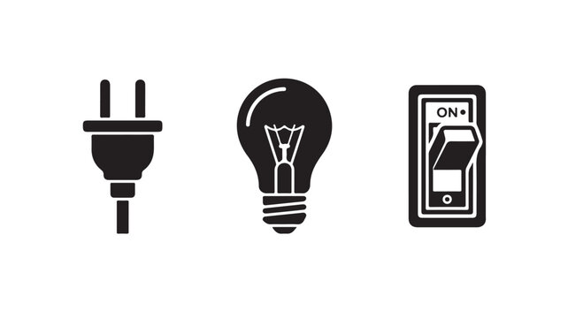 Electrical plug light bulb and toggle switch set featuring modern black glyph icons inside flat vector illustration