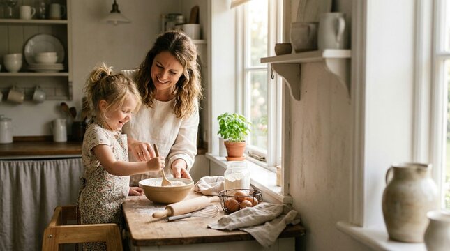 Smiling mother and young daughter baking together in a sunlit rustic kitchen with wooden countertops, fresh herbs, eggs, and negative space along one side for text overlay
