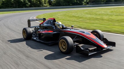 Fototapeta premium High speed Formula racing car speeding on a paved racetrack curve during a sunny day