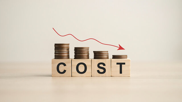Four wooden blocks spelling C O S T with decreasing coin stacks and red arrow cost money