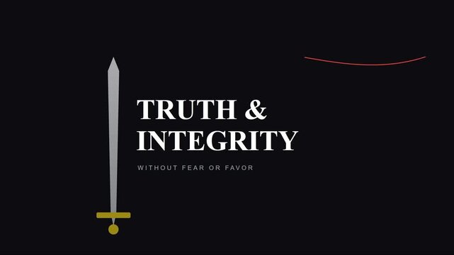 Truth and integrity without fear or favor: minimalist motion with sword symbol for corporate ethics and legal justice concepts animation 4k