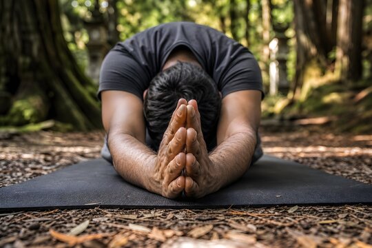Man in Child's Pose yoga with prayer hands on a mat in a peaceful forest, symbolizing meditation and mindfulness.