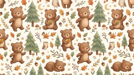 Fototapeta premium Seamless Pattern of Cute Watercolor Woodland Bears and Forest Elements.