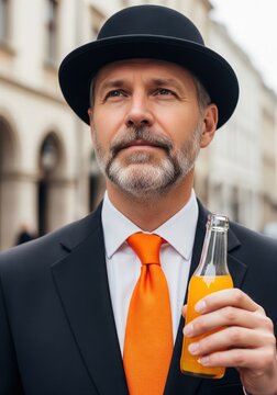 Elegant Middle Aged Gentleman In Suit And Hat Holding Glass Bottle With Orange Juice Outside