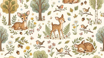 Obraz premium Watercolor Seamless Pattern with Cute Baby Deer and Forest Animals.