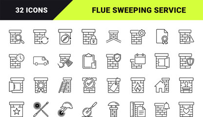 Naklejka premium Chimney Sweeping Certificate Web Icon Set in Linear Style. Collection of Flue Inspection line icons, including certification, sweep service, maintenance, safety check, flue cleaning, compliance.