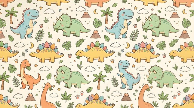 Seamless pattern with cute hand drawn dinosaurs and tropical plants.