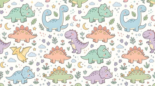 Cute Seamless Pattern with Hand Drawn Colorful Dinosaurs for Kids.