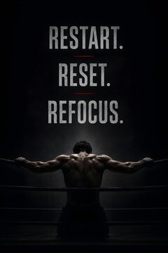 Restart Reset Refocus &ndash; Powerful Fitness Motivation Poster with Boxer in Dark Boxing Ring