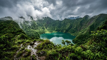 Naklejka premium Lush green volcanic crater lake after heavy rain, misty clouds shrouding dramatic mountain peaks and wet tropical vegetation in moody landscape photography