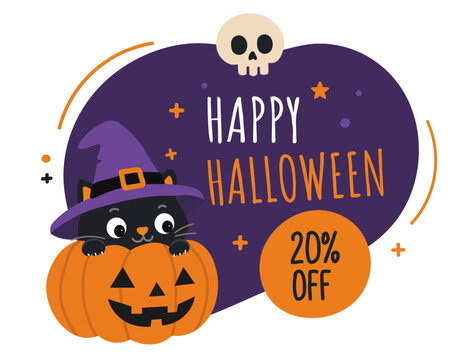 Cute Halloween sale design with a black cat, witch hat, jack-o-lantern and skull. Happy Halloween lettering and 20% off discount badge. Halloween promotional vector illustration.