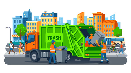 Fototapeta premium Vector illustration of a bright green garbage truck with sanitation workers loading trash bins on a busy city street. Waste management and recycling service in a modern urban environment.
