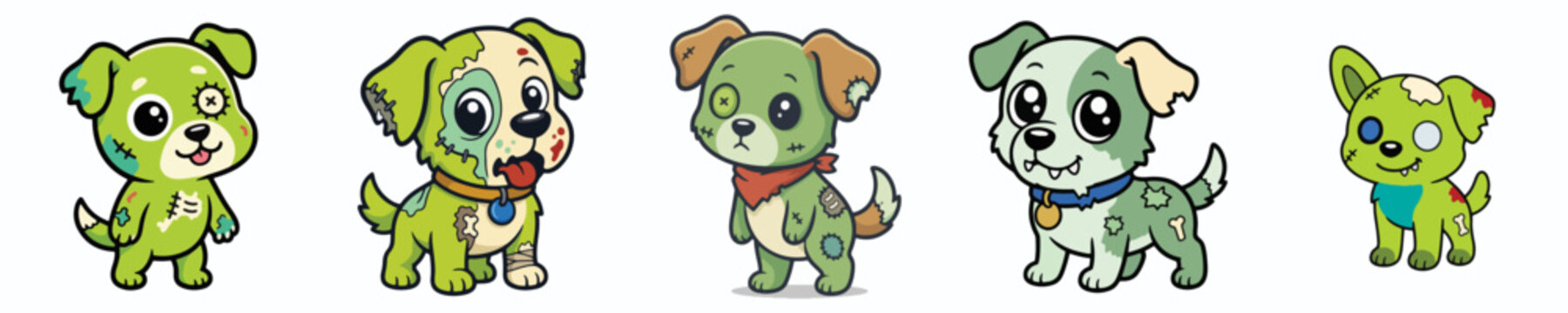Set of 5 Cute Halloween Zombie puppy Character Illustrations