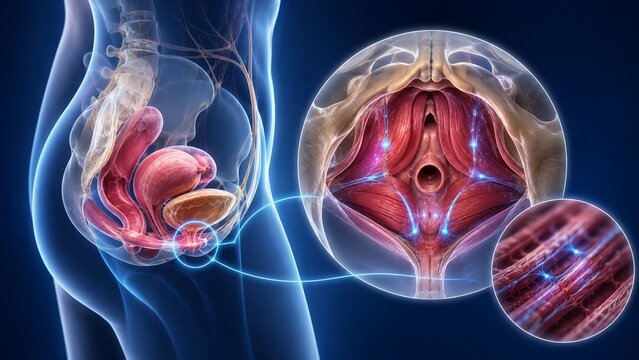 Anatomy of Female Pelvic Floor Muscles, Uterus, and Bladder with Nerve Stimulation and Muscle Fiber Detail