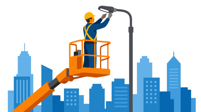 Flat vector illustration of a professional electrician in a yellow hard hat and safety harness working from an elevated cherry picker basket to repair a street lamp against a city skyline.