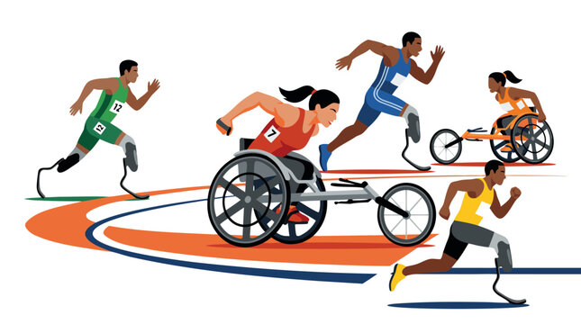 Diverse Paralympic Athletes Competing in a Track Race with Prosthetic Running Blades and Racing Wheelchairs, Flat Vector Illustration of Inclusive Sports, Determination, and Athleticism on White