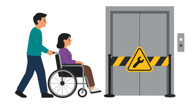 Flat Vector Illustration of a Man Pushing a Woman in a Wheelchair Toward an Elevator Blocked by a Maintenance Sign and Barrier, Highlighting Accessibility Issues and Broken Infrastructure