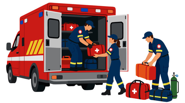Emergency medical services team of paramedics unloading first aid kits and equipment from a red ambulance rescue vehicle, flat vector illustration of first responders on white background.