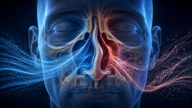 3D Medical Illustration of Human Nasal Sinuses and Respiratory Airflow with Inflammation Visualization