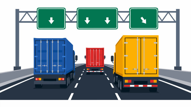 Flat Vector Illustration of Cargo Trucks Driving on a Multi-Lane Highway Under Overhead Green Road Signs; Logistics, Freight Transport, and Shipping Concept with Colorful Semi-Trailers.