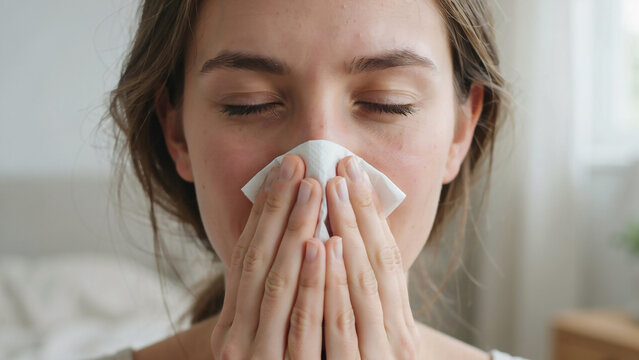 Young woman blowing nose with tissue due to cold or allergy