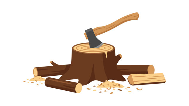 Flat vector illustration of a freshly cut tree stump with a sharp wood-handled axe wedged into the top, surrounded by scattered logs, firewood, and sawdust on a clean white background.
