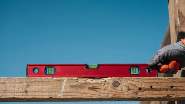Worker checking level on wooden beam with red spirit level