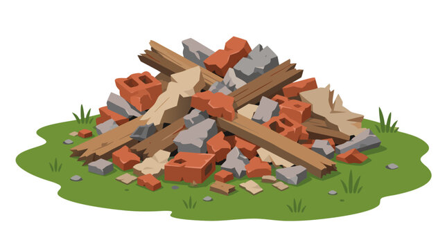 Pile of Construction Debris with Broken Red Bricks, Shattered Wooden Planks, and Concrete Rubble Dumped on Green Grass, Vector Illustration of Demolition Waste and Building Scrap Materials.