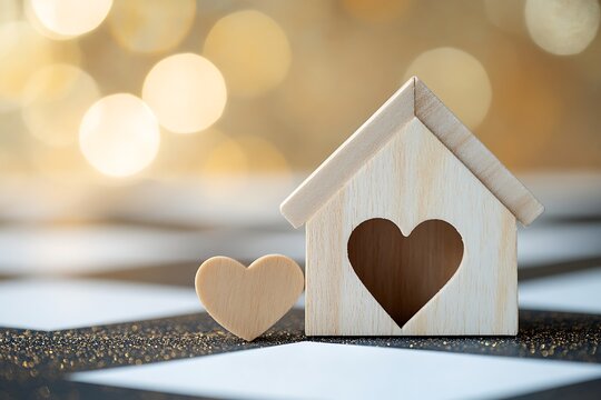 Miniature wooden house with a heart shape cutout and a wooden heart standing on a black and white checkerboard surface with bokeh lights
