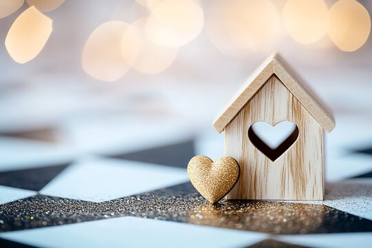 Miniature wooden house with a heart cutout and a sparkly gold heart next to it on a checkered surface with glowing bokeh lights