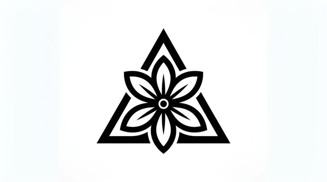 Minimalist black and white graphic logo featuring a simple six petal flower inside a triangle with icon displays stylized flower centered