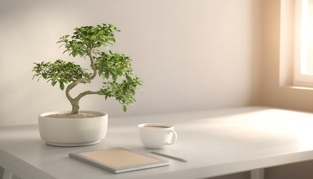 Minimalist bonsai tree in white pot on bright modern tabletop