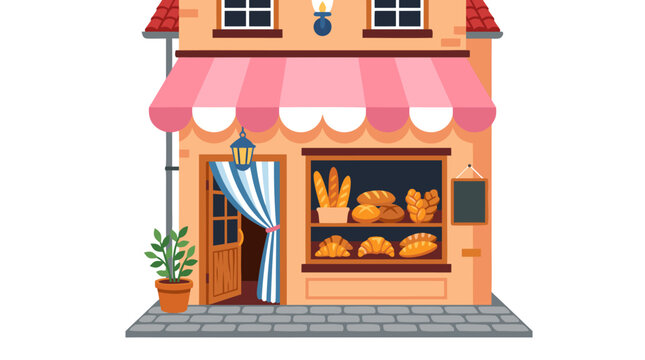 Charming bakery storefront vector illustration with a pastel pink striped awning, window display filled with fresh bread, croissants, and baguettes, open wooden door, and a cozy cafe exterior.