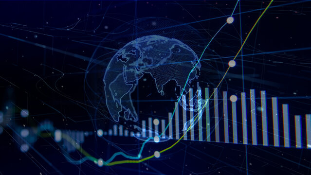 Global stock market index trading and financial analysis concept. Digital planet Earth globe with business growth graph and column charts overlaying futuristic network data background.