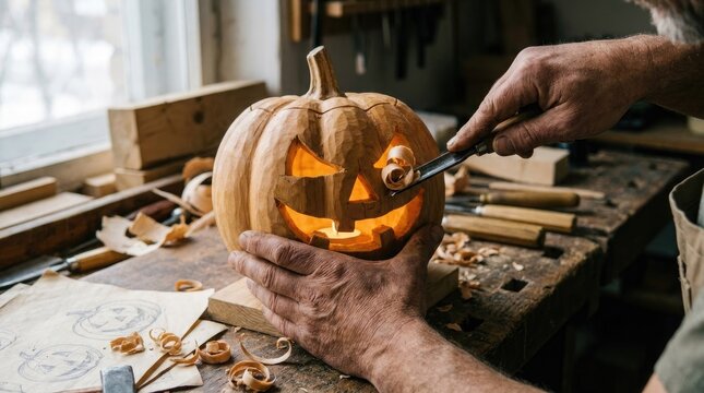 Craftsman carving a glowing wooden jack-o-lantern by hand in a workshop, creating a unique Halloween decoration with traditional woodworking tools.
