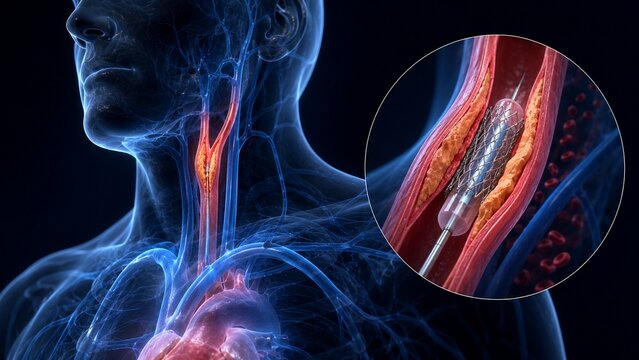 Medical 3D Illustration of Carotid Artery Stent Deployment with Balloon Angioplasty for Atherosclerosis Treatment
