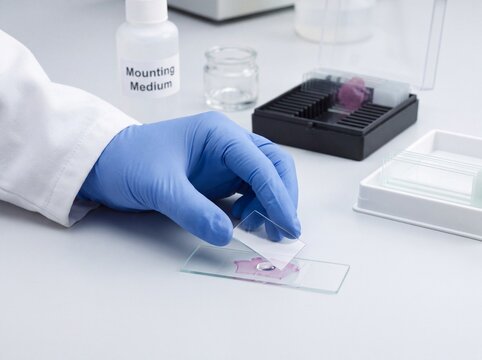 Researcher Mounting Coverslip on Stained Histology Tissue Slide in Pathology Laboratory