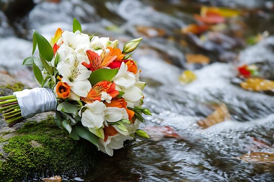 Elegant wedding bouquet with white and orange flowers on a mosscovered rock in a babbling autumn stream